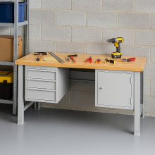 Pracovný stôl s 3 závesnými zásuvkami a skrinkou, s nastaviteľnými nohami, 2000 mm