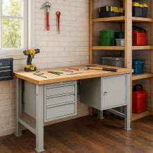 Pracovný stôl s 3 závesnými zásuvkami a skrinkou, s pevnými nohami, 1500 mm