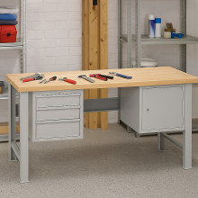 Pracovný stôl s 3 závesnými zásuvkami a skrinkou, s pevnými nohami, 1700 mm