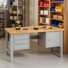 Pracovný stôl s 3 závesnými zásuvkami a skrinkou, s pevnými nohami, 2000 mm