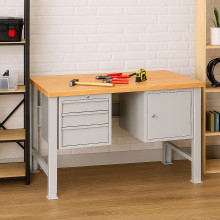 Pracovný stôl s 3 závesnými zásuvkami a skrinkou, s nastaviteľnými nohami, 1500 mm