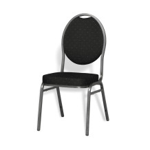 Konferenčná stolička s oceľovou konštrukciou a čiernym čalúneným sedadlom.