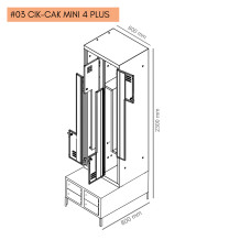 #03 CIK-CAK MINI 4 PLUS – 4+4-dverová šatníková skriňa so Z-kovými dverami, zabudovanou lavicou a skriňami na obuv