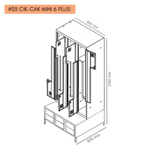 #03 CIK-CAK MINI 6 PLUS – 6+6-dverová šatníková skriňa so Z-kovými dverami, zabudovanou lavicou a skriňami na obuv