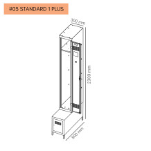 #03 STANDARD 1 PLUS – 1+1-dverová šatníková skriňa s dlhými dverami, zabudovanou lavicou a skriňou na obuv