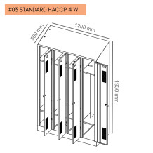 #03 STANDARD HACCP 4 W – 4-dverová šatníková skriňa s pohyblivou deliacou priečkou, šikmou strieškou a poličkou na obuv