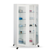 #26 MEDICINE MAXI GLASS ECONOMY – Nemocničná skrinka na lieky so 4 sklenenými policami a kolieskami, 1800x800x435 mm