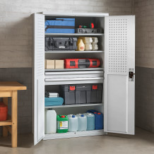 Veľká dielenská skriňa so 4 policami a 2 zásuvkami.