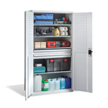 Veľká dielenská skriňa so 4 policami a 2 zásuvkami.