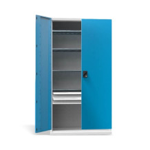 Dielenská skriňa so 4 policami a 2 zásuvkami, modrá, s nosnosťou 600 kg