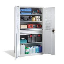 Veľká dielenská skriňa so 4 policami a 2 zásuvkami.