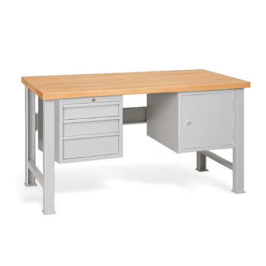 Pracovný stôl s 3 závesnými zásuvkami a skrinkou, s pevnými nohami, 1500 mm
