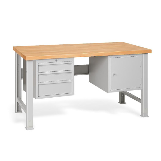 Pracovný stôl s 3 závesnými zásuvkami a skrinkou, s nastaviteľnými nohami, 1500 mm