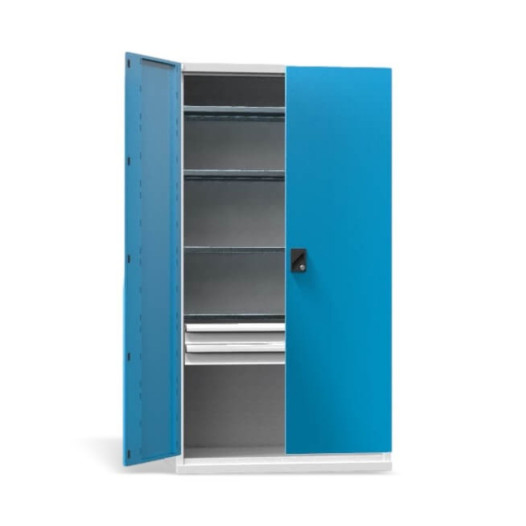 Dielenská skriňa so 4 policami a 2 zásuvkami, modrá, s nosnosťou 600 kg