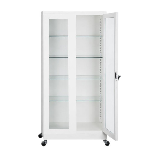 Nemocničná skrinka na lieky so 4 sklenenými policami a kolieskami (demont)