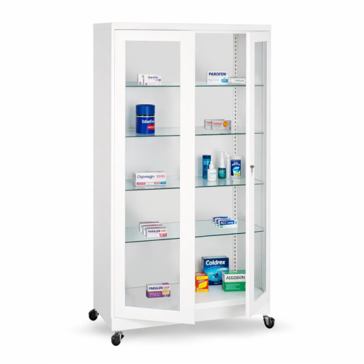 #26 MEDICINE MAXI GLASS ECONOMY – Nemocničná skrinka na lieky so 4 sklenenými policami a kolieskami, 1800x800x435 mm