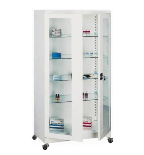 #26 MEDICINE MAXI GLASS ECONOMY – Nemocničná skrinka na lieky so 4 sklenenými policami a kolieskami, 1800x800x435 mm